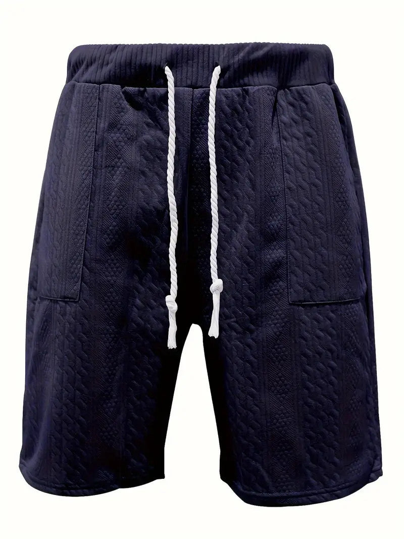 2-teiliges Herren-Set: Jacquard einfarbiges Kurzarm-V-Ausschnitt-Hemd und passende Shorts mit Kordelzug, sommerliche Freizeitbekleidung.