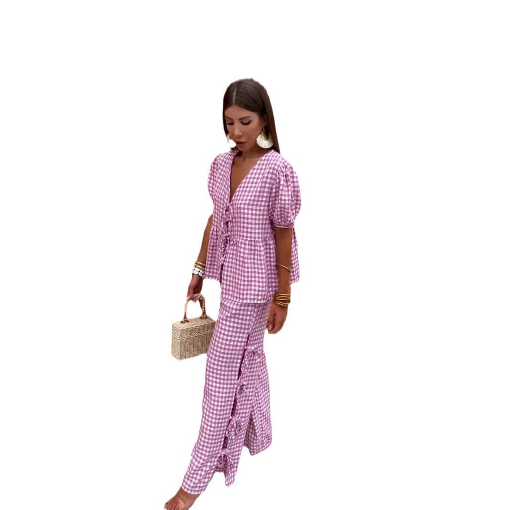 Women's Fashion V-neck Lace-up Plaid Knotted Suit