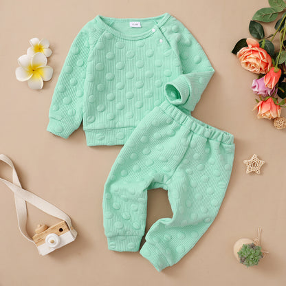 Frühling und Herbst Jungen- und Mädchenanzug Baby Bonbonfarben Einfarbig mit Polka-Dots Rundhalsausschnitt Langarmhosen Kinderkleidung