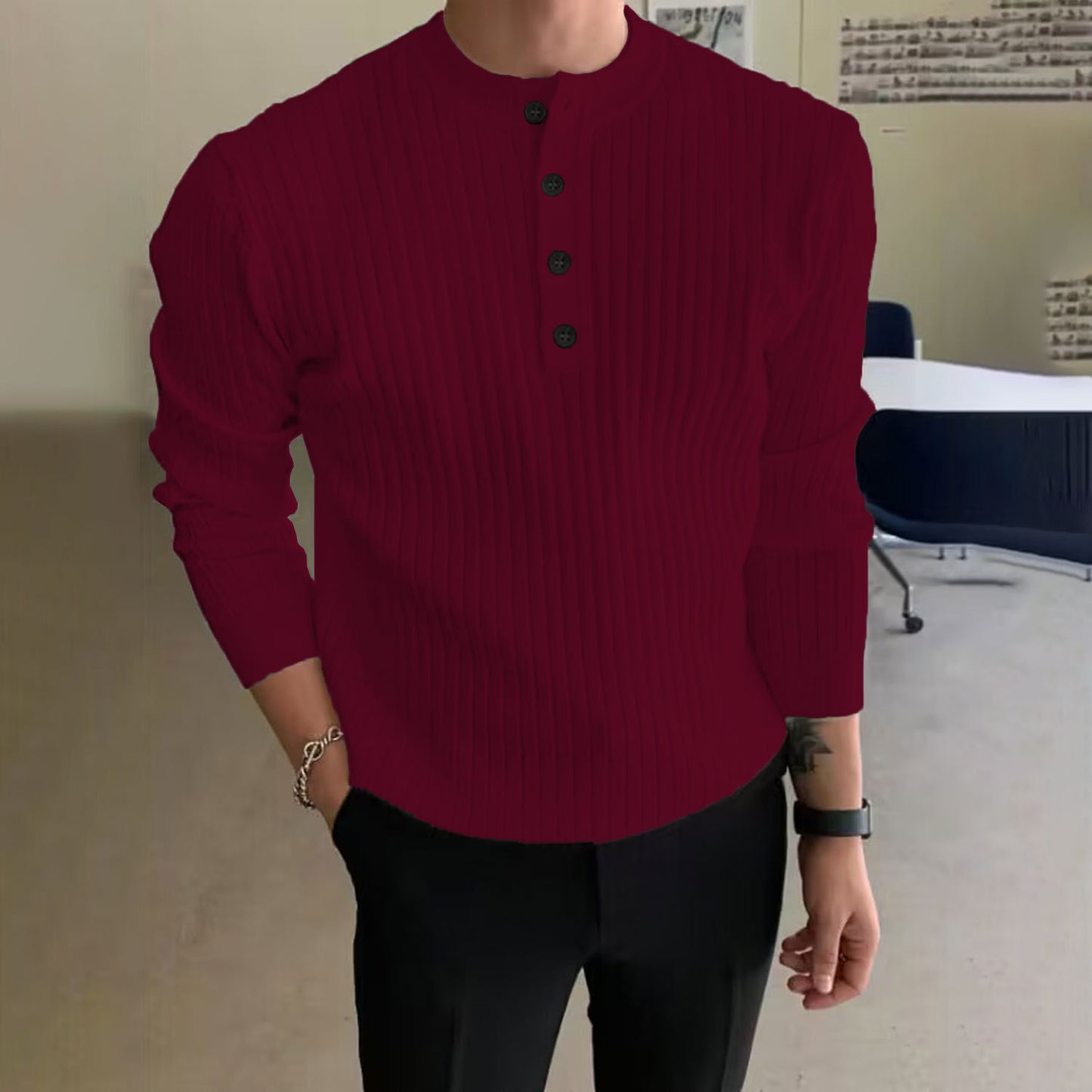 Herren-Pullover mit halbem Stehkragen und Knopfverschluss