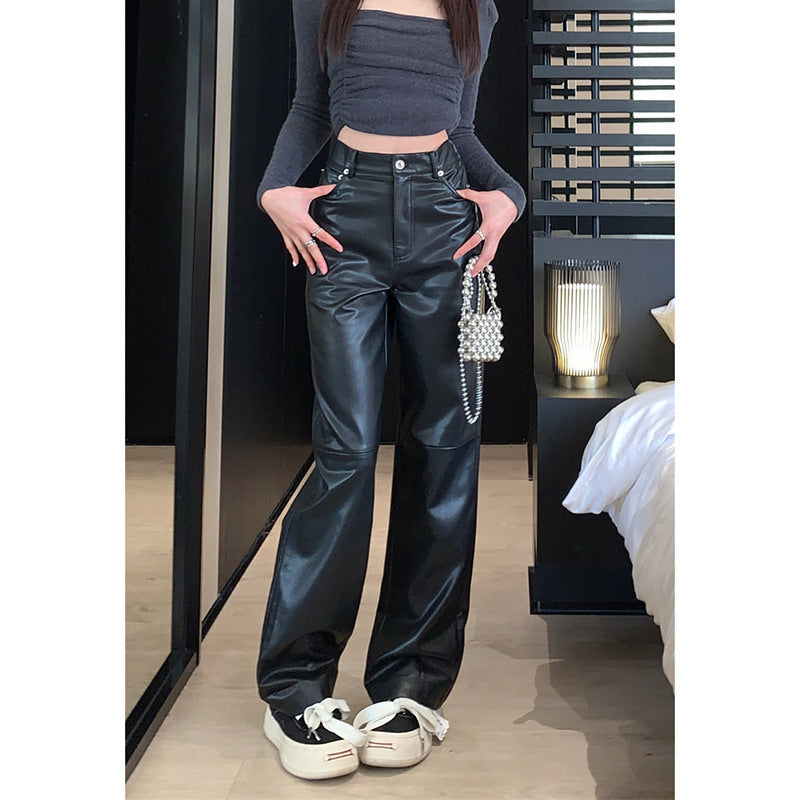 Leder hose mit hoher Taille im Hong Kong-Stil, der Sinn für Design absticht