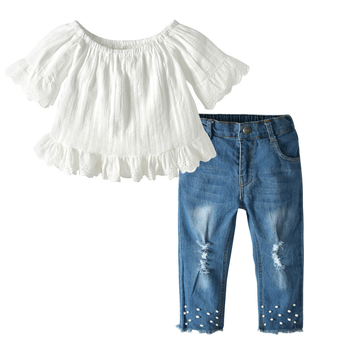 Mädchen-Set aus Spitze, Perlen und Jeans