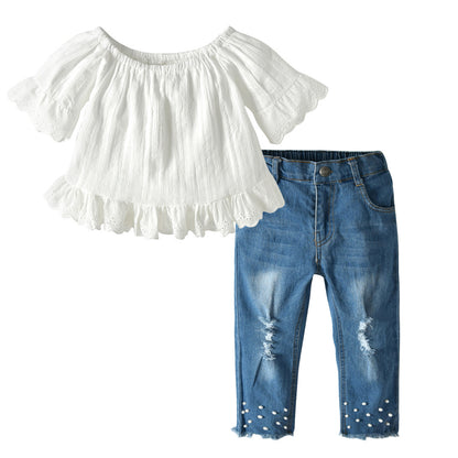 Mädchen-Set aus Spitze, Perlen und Jeans