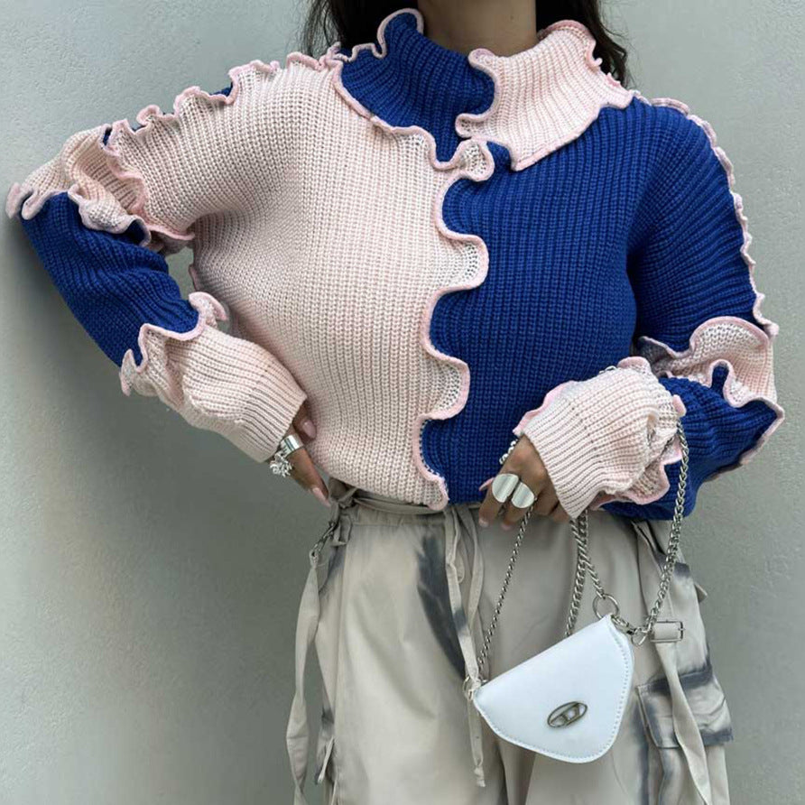 Fashionable Thread Edge Large Color Block Contrast Color Sweater