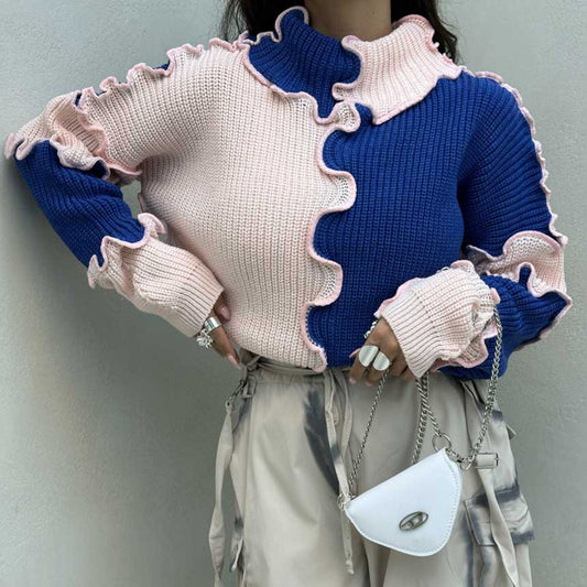 Modischer Fadenrand Großer Farbblock Kontrastfarbiger Pullover