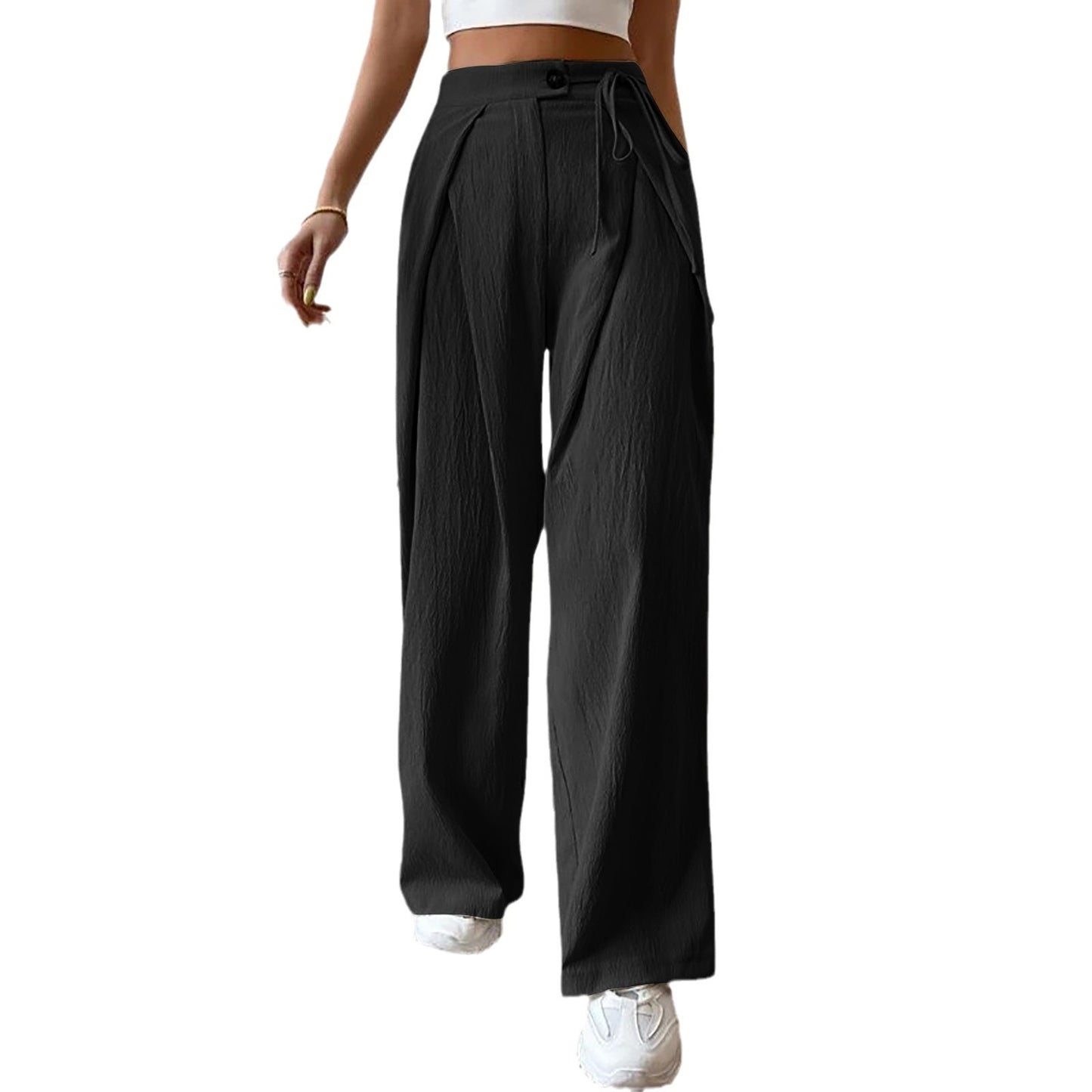 Damen High-Waist Weitbein-Hose mit Kordelzug und Patchwork – Lässige Gerade Hose