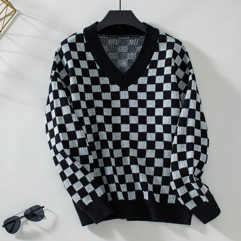 V-Ausschnitt Pullover Lockerer Schachbrett-Karomuster Farbkombination Pullover