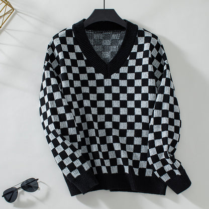 V-Ausschnitt Pullover Lockerer Schachbrett-Karomuster Farbkombination Pullover