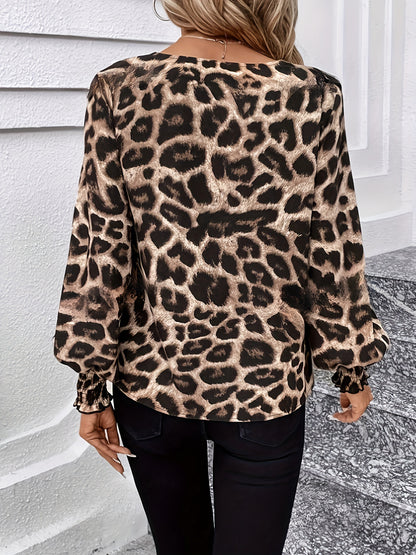 V-Ausschnitt Leopard-Print Lockere Langarm-Lässige Bluse