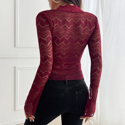 Damen Bell Ärmel hohl aus V-Ausschnitt Pullover Spitze Hemd Top