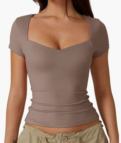 Herzförmiges Kragen-Kurzarm-T-Shirt Frauen einfarbig schlank Grund mode Exposed Nabel