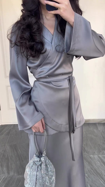 Fashion Satin Patchwork Long Dress Suit Women