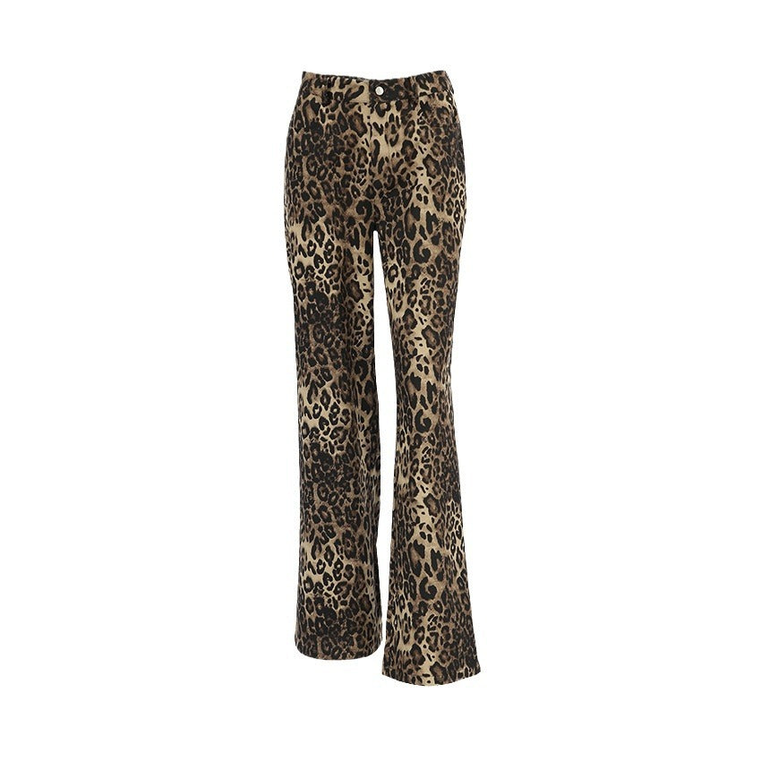 Sommerliche Retro Street Style Lockere Niedrig-Taillen Leopard-Print Hose – Vielseitige Baumwollweite Bein-Hose
