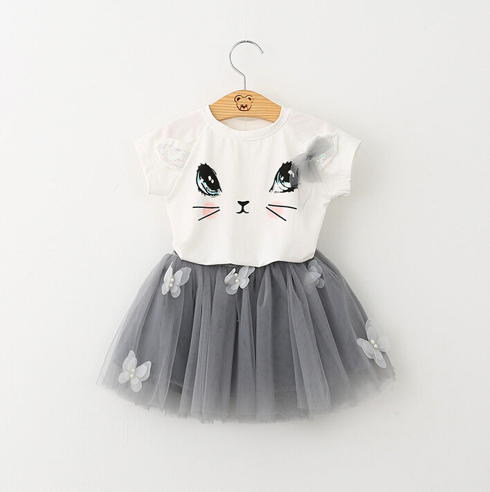 New Girl Kids Cute Cat Short Sleeve T-Shirt with Butterfly Beads and Puff Skirt Set 