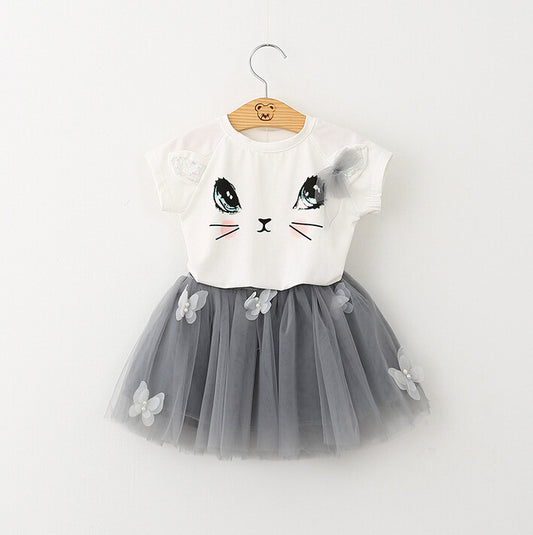New Girl Kids Cute Cat Short Sleeve T-Shirt with Butterfly Beads and Puff Skirt Set 
