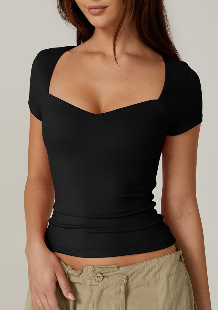 Herzförmiges Kragen-Kurzarm-T-Shirt Frauen einfarbig schlank Grund mode Exposed Nabel