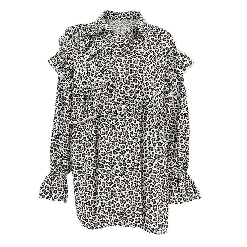 Damen-Shirt mit Leopardenmuster, Rüschen und langen Ärmeln