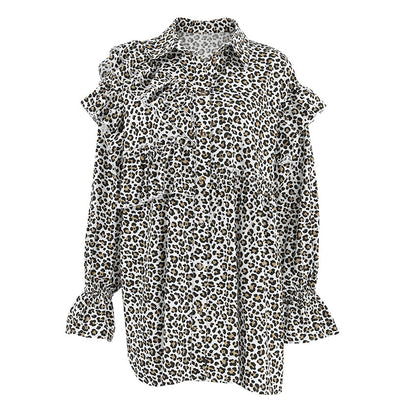 Damen-Shirt mit Leopardenmuster, Rüschen und langen Ärmeln