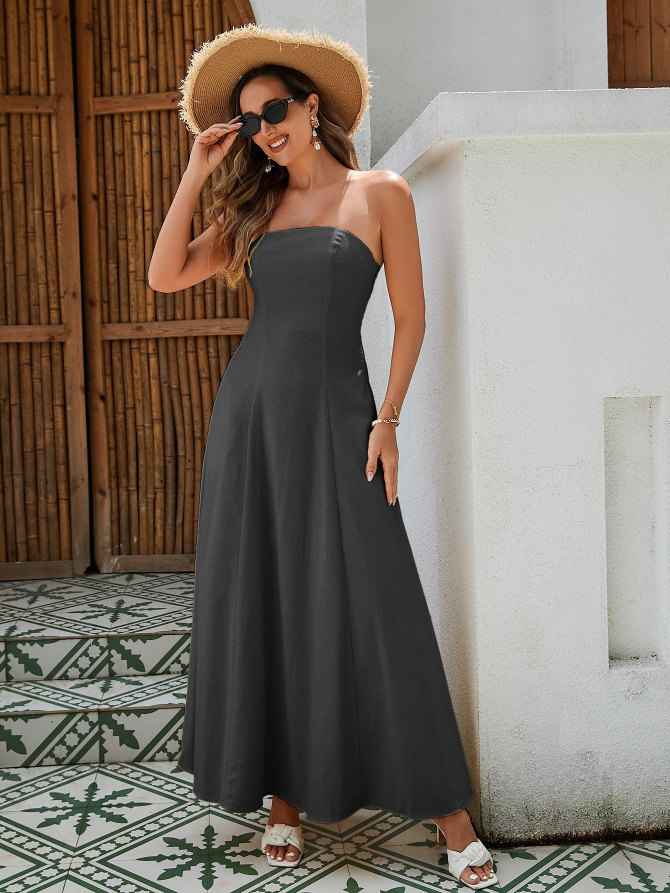 Damen trägerloses Leinen-Maxikleid – Atmungsaktiver Stoff mit gesmoktem Rücken, schmeichelhafter A-Linien-Schnitt in klassischem Schwarz, Weiß und Gelb