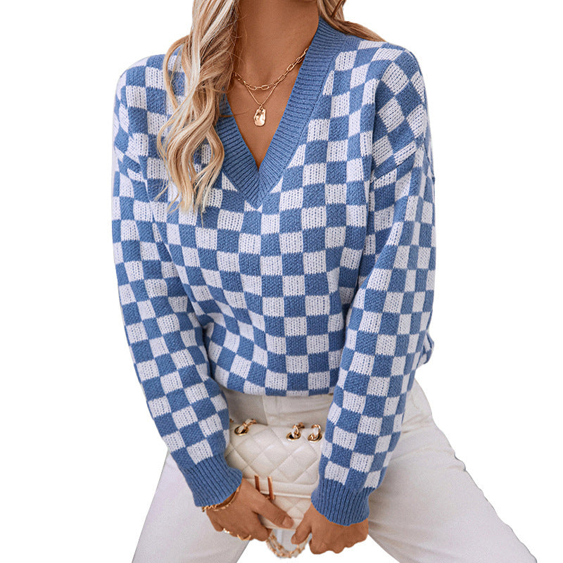 V-Ausschnitt Pullover Lockerer Schachbrett-Karomuster Farbkombination Pullover