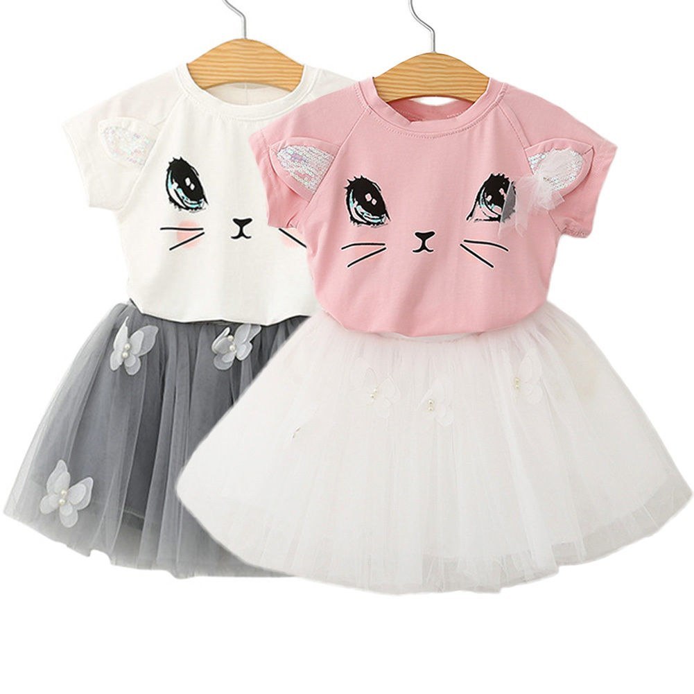 New Girl Kids Cute Cat Short Sleeve T-Shirt with Butterfly Beads and Puff Skirt Set 