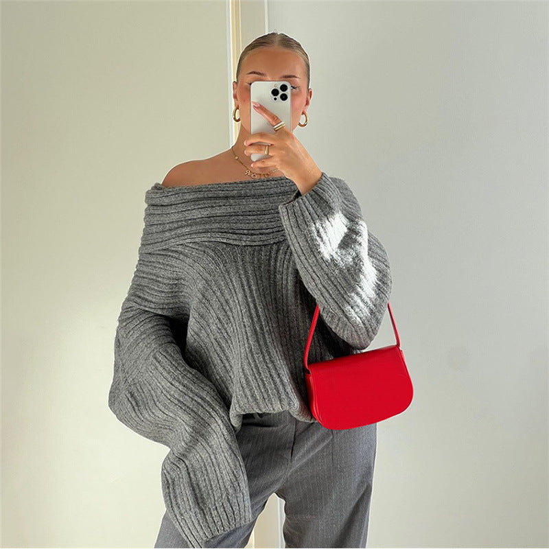 Irregular off-shoulder long-sleeved sweater