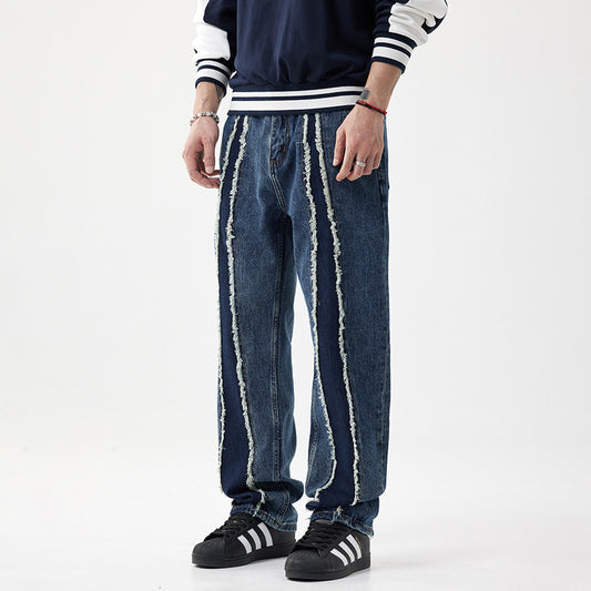 Ausgefranste Stitching Jeans Herren lose gerade gewaschene Hose