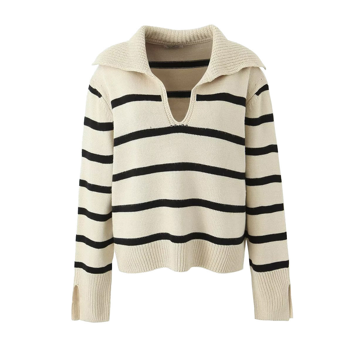 Damen Lockerer Lässiger Großer Revers Gestreifter Langarm-Pullover