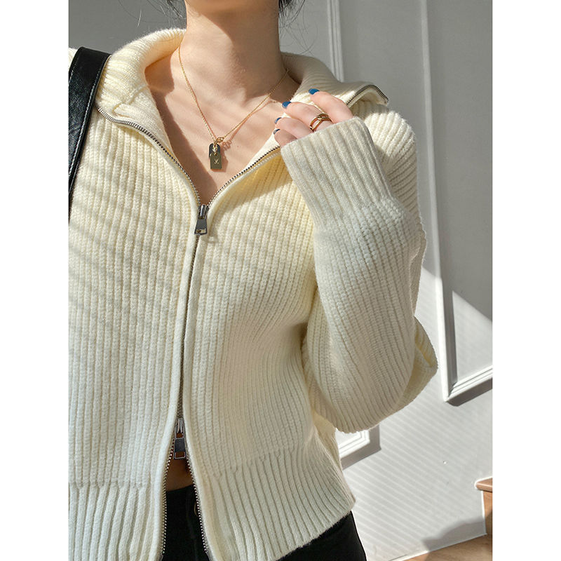 Pullover Kleine Strickjacke Damen Kurzer Preppy-Stil Stehkragen Reißverschluss Pullover Frühling und Herbst Dünner Pullover
