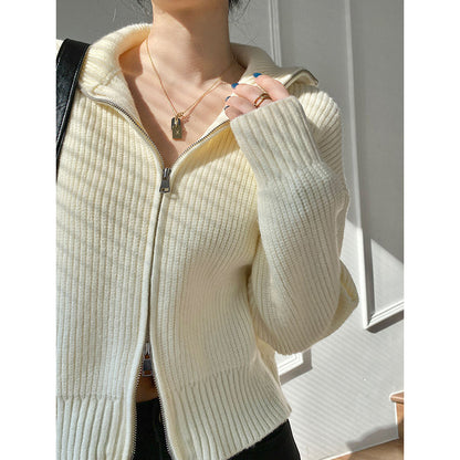 Pullover Kleine Strickjacke Damen Kurzer Preppy-Stil Stehkragen Reißverschluss Pullover Frühling und Herbst Dünner Pullover