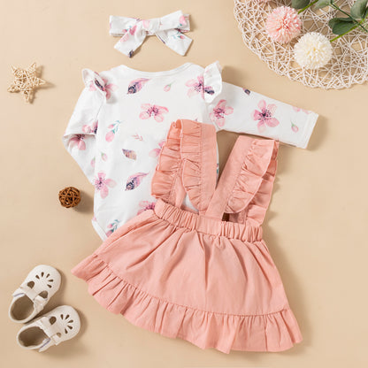 Bedruckter Langarm-Baby Mädchen Strampler Zweifarbiges Trägerkleid mit Rüschen und Kopfschmuck Dreiteiliges Set