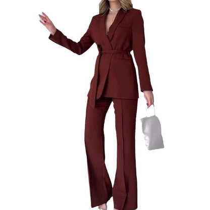 Damen Mode einfarbig Polo Kragen Schnürung Taille Temperament Twinset