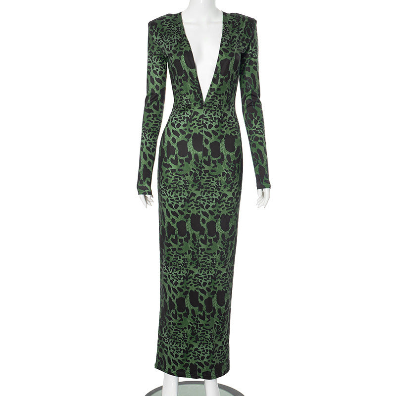 Damen Kleid mit hohem Schlitz, Punktmuster und tiefem V-Ausschnitt, lang