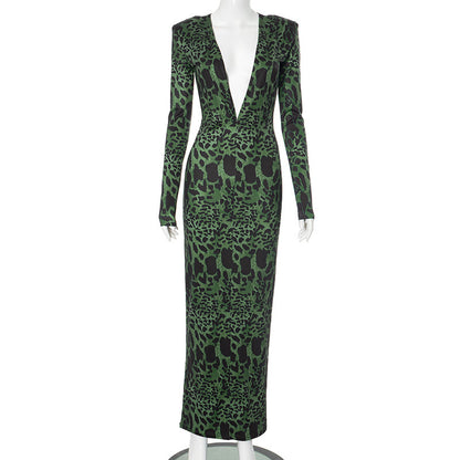 Damen Kleid mit hohem Schlitz, Punktmuster und tiefem V-Ausschnitt, lang
