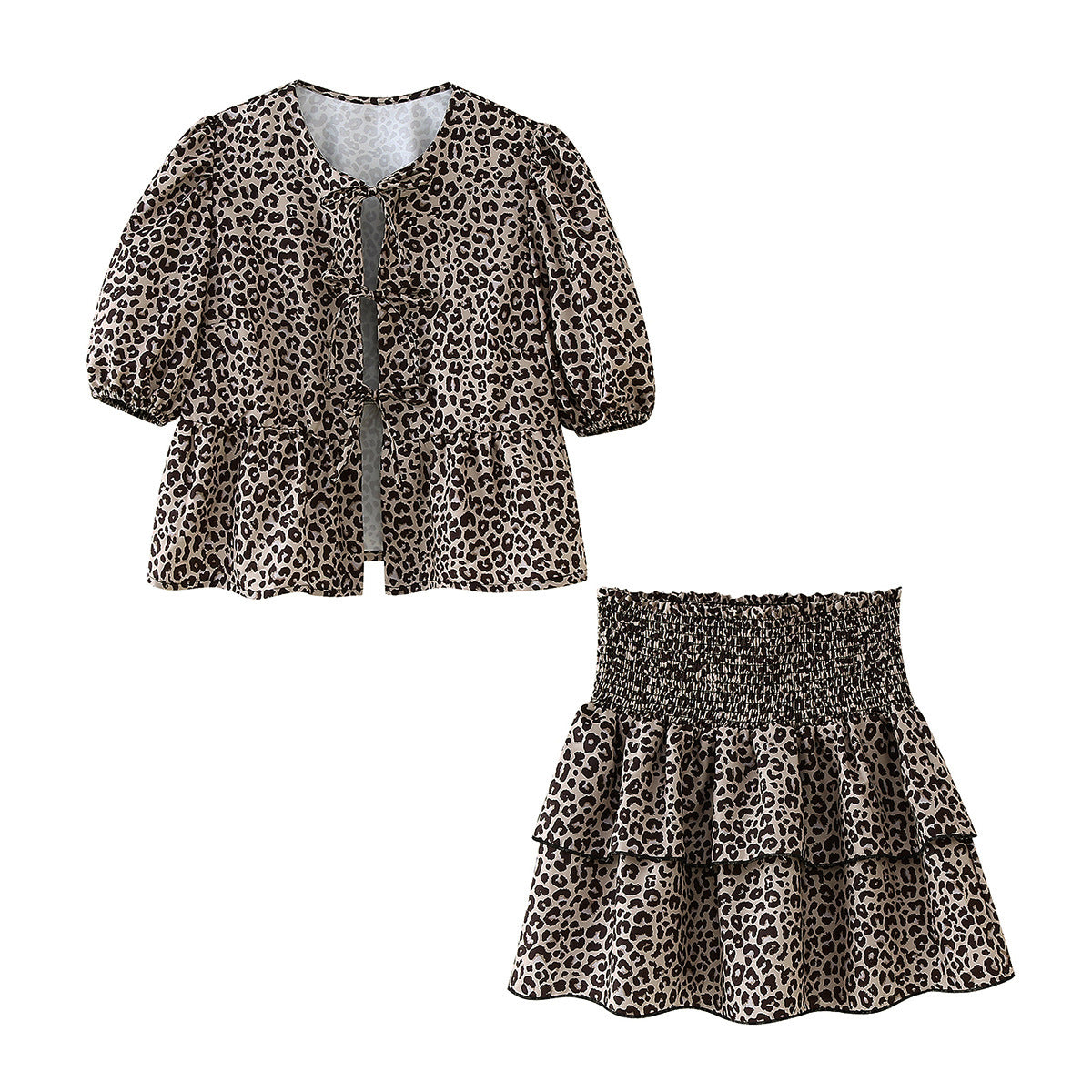 Leopard Print Hollow Lace Up Bubble Sleeve Shirt For Women's Top