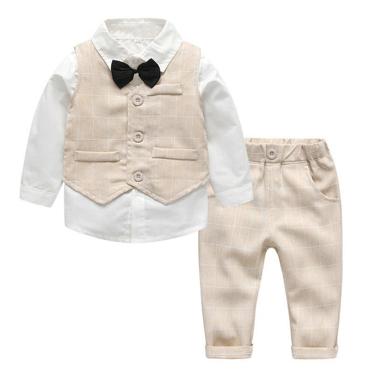 Baby Jungen Anzug, Weißes Hemd mit Krawatte, Gestreifter Weste, Drei-teilige Hose, Frühling und Herbst