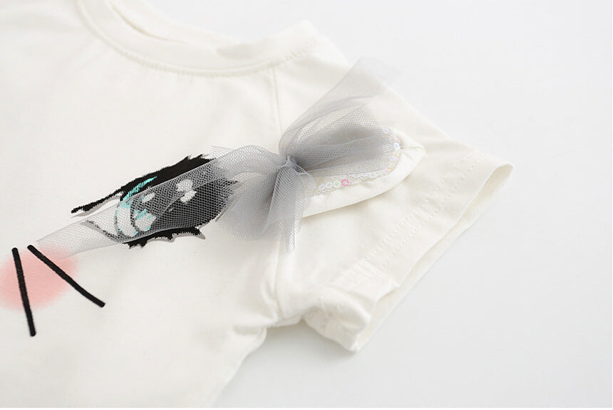New Girl Kids Cute Cat Short Sleeve T-Shirt with Butterfly Beads and Puff Skirt Set 