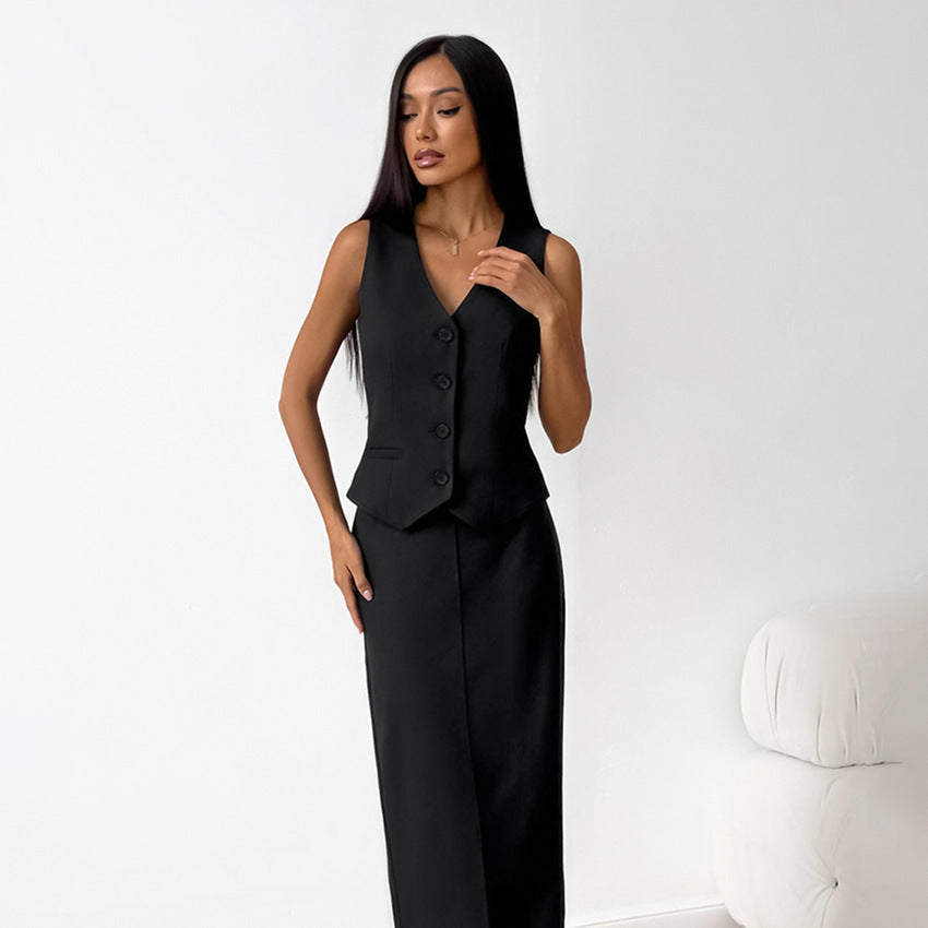 Fashion Black Vest Long Dress Two-piece Set