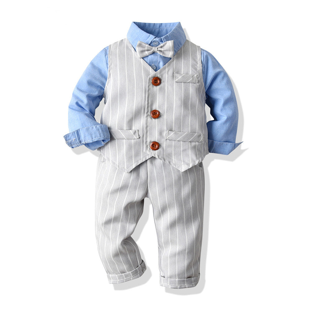 Baby Jungen Anzug, Weißes Hemd mit Krawatte, Gestreifter Weste, Drei-teilige Hose, Frühling und Herbst