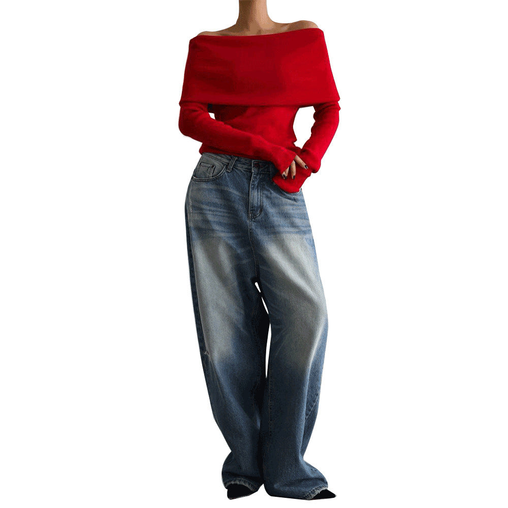 Langärmliges gestricktes Hemd schulter frei