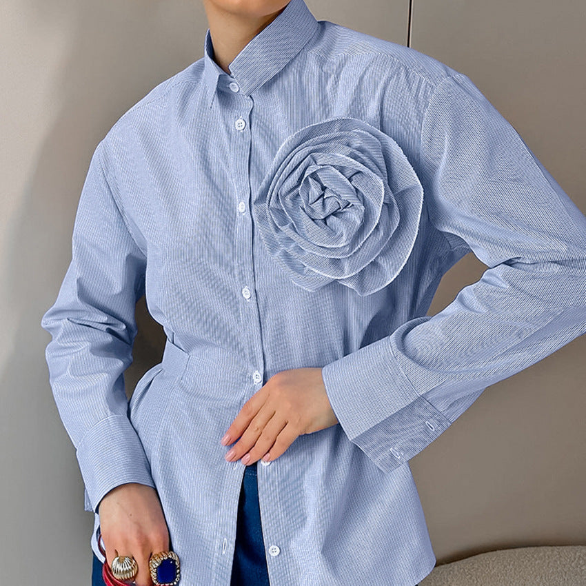 Lässiges Slim-Fit Langarmshirt mit Streifen und blauen Blumen aus Polyester-Baumwollmischung