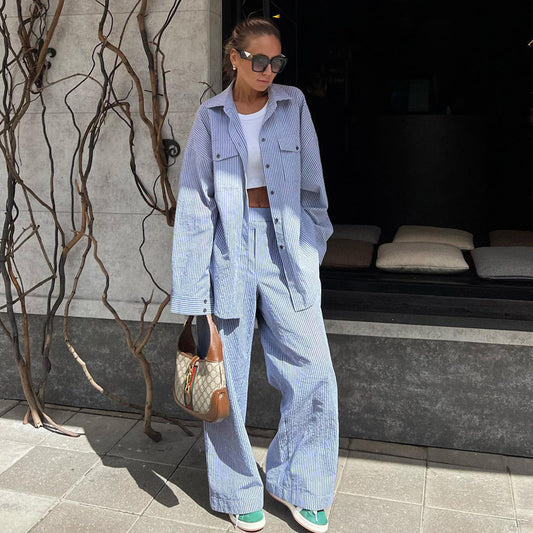 Blue Striped Lapel Shirt Long Sleeve Wide Leg Pants Suit