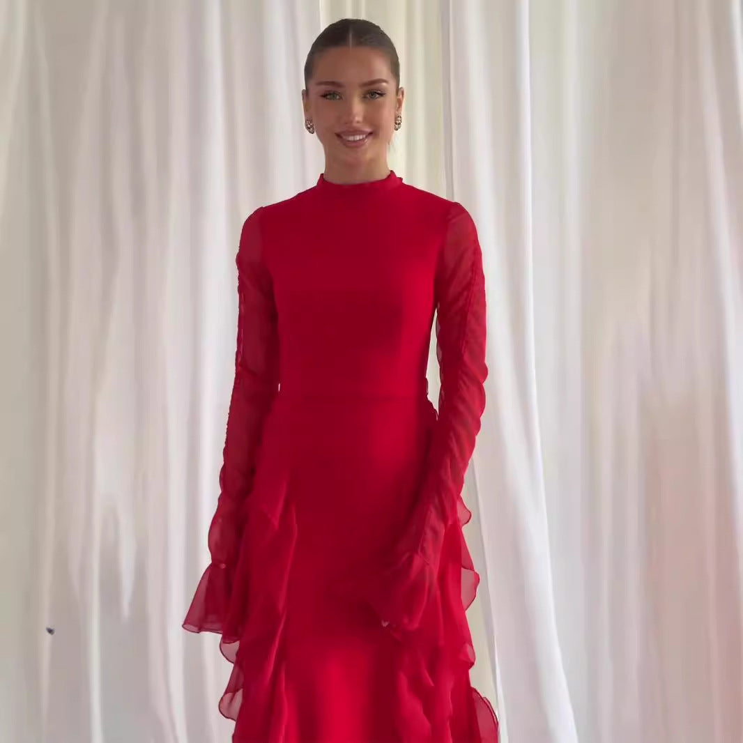 ruffle shiffon patchwork dress with half turtleneck