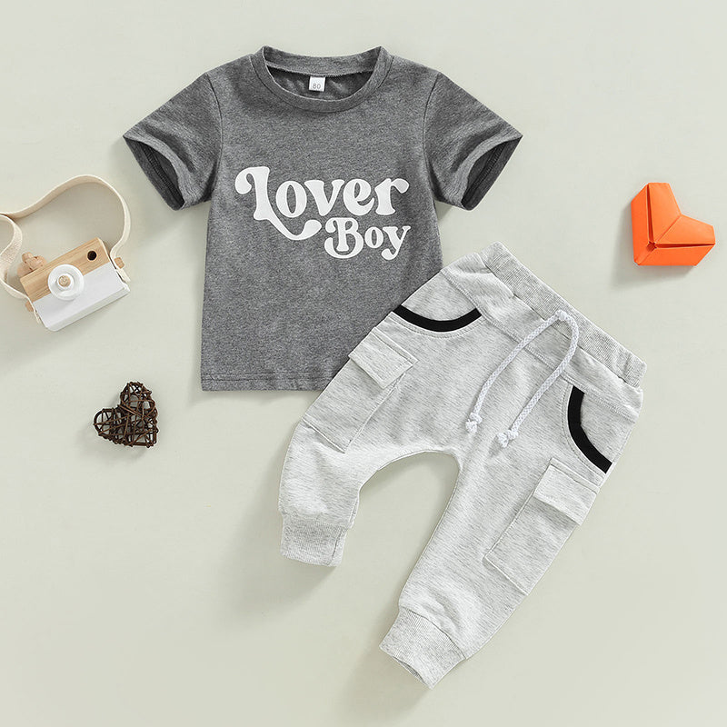 Baby Jungen Kurzarm Monogramm Druck T-Shirt Graues Sommerkleidungsset