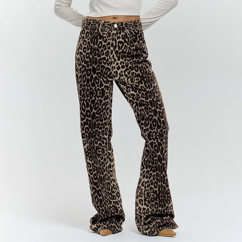 Sommerliche Retro Street Style Lockere Niedrig-Taillen Leopard-Print Hose – Vielseitige Baumwollweite Bein-Hose
