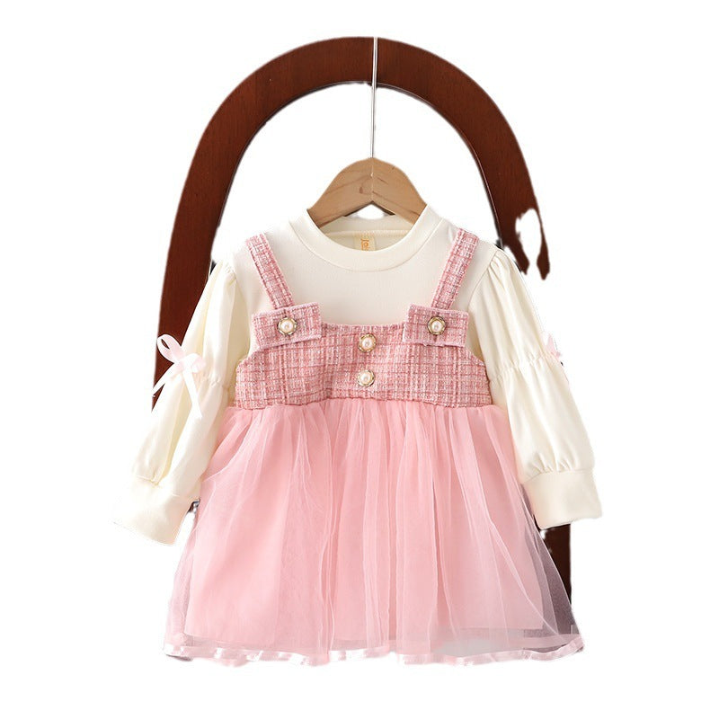 Girls Spring and Autumn New Dress Korean Style Fashionable Princess Dress Fake Two-piece Strap Skirt