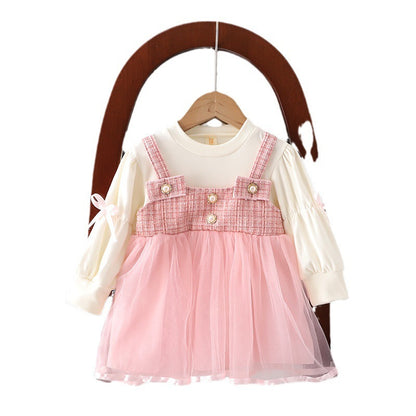 Girls Spring and Autumn New Dress Korean Style Fashionable Princess Dress Fake Two-piece Strap Skirt