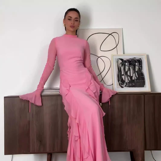 Rüschenshiffon-Patchwork-Kleid mit halbem Rollkragen