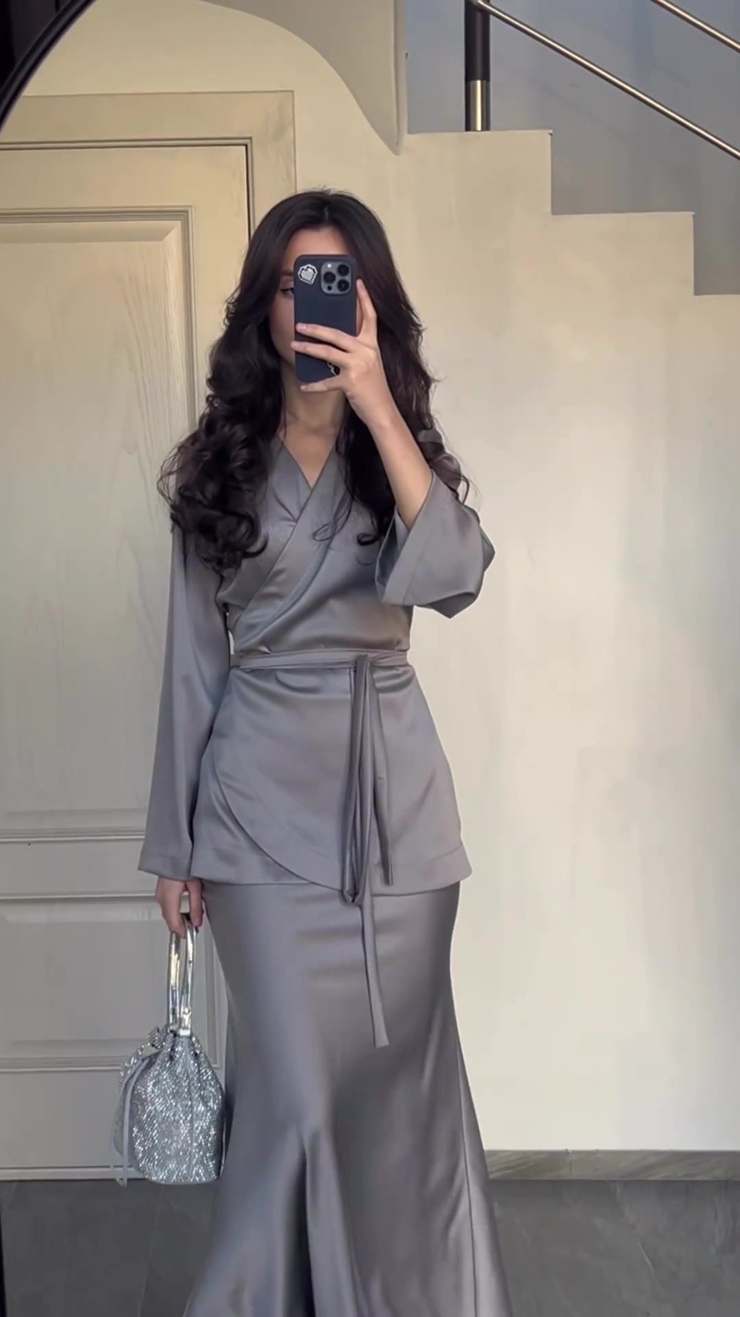Fashion Satin Patchwork Long Dress Suit Women