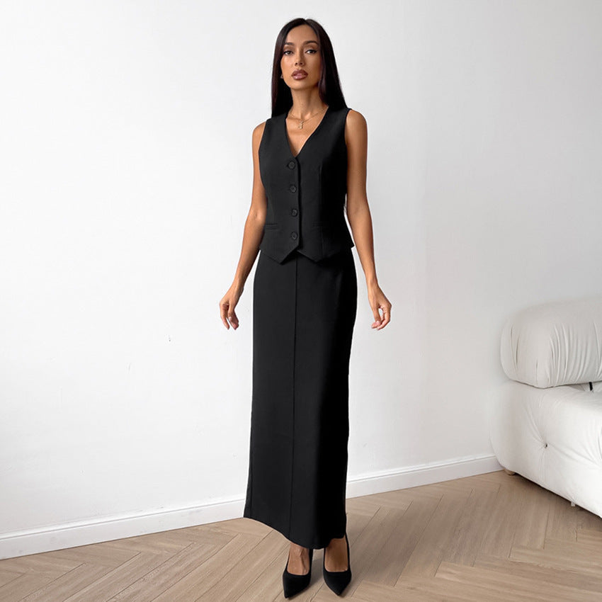 Fashion Black Vest Long Dress Two-piece Set